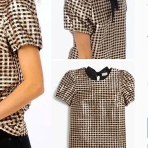 J.Crew Metallic Plaid Puff Sleeve Top Black Gold Gingham Size L